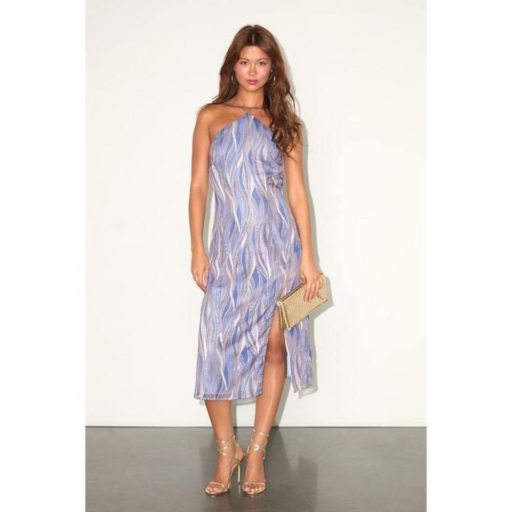 Lulus Zephyra Periwinkle Multi Wave Backless Midi Dress Blue - Size S